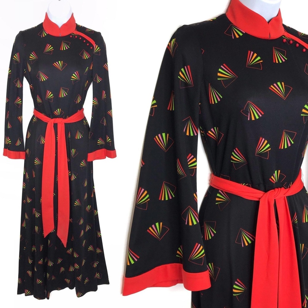vintage 1970s maxi dress kimono style Asian fan novelty print - Picture 3 of 10